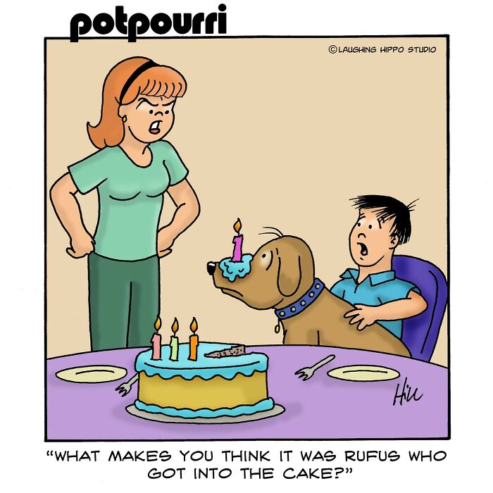 Dog humor comic: a dog with cake on its nose, a woman looks surprised, and a boy is seated nearby.