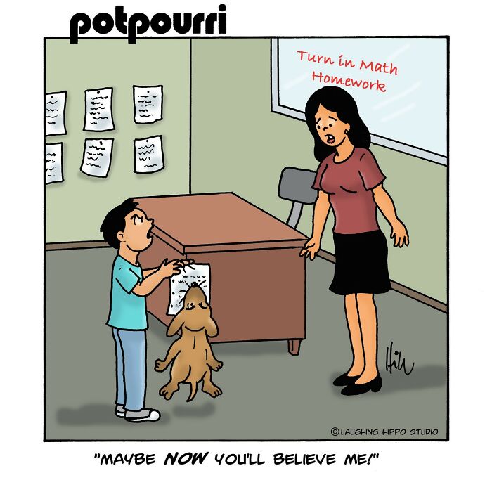 Dog holding homework in classroom, surprising teacher.