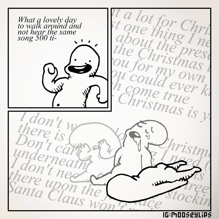 Cartoon character humorously overwhelmed by repetitive music in a Mooseylips comic.