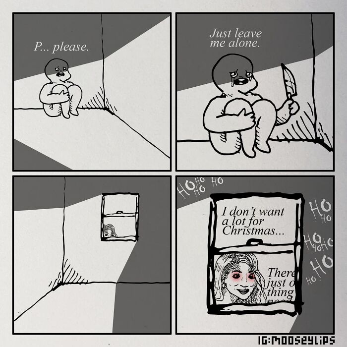 Comic by Mooseylips featuring a person scared in a corner, a face at the window, and a humorous Christmas theme.