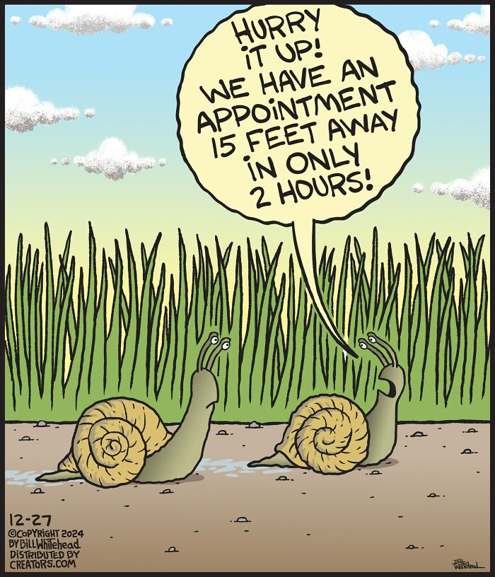 Two snails in grass with one saying, "Hurry up! We have an appointment 15 feet away in 2 hours!" Funny one-panel comic.