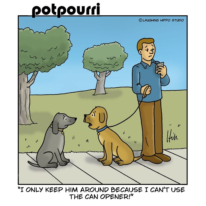 Cartoon featuring dogs in a funny conversation with a man holding a phone, from Laughing Hippo Studio.