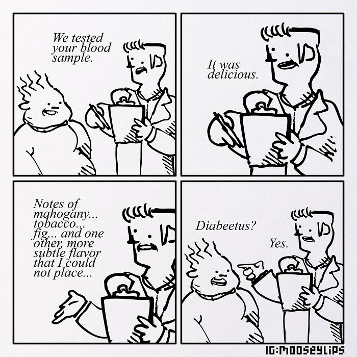 Comic by Mooseylips with a doctor humorously discussing a blood sample's taste and flavor notes with a patient.