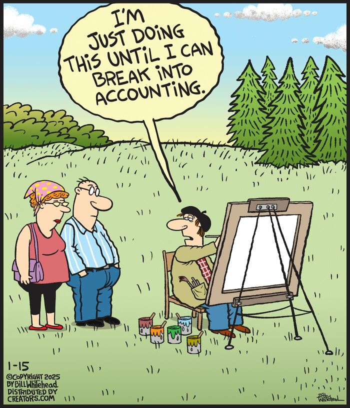 Artist explains his temporary job as a painter with a humorous quote in a funny comic by Bill Whitehead.