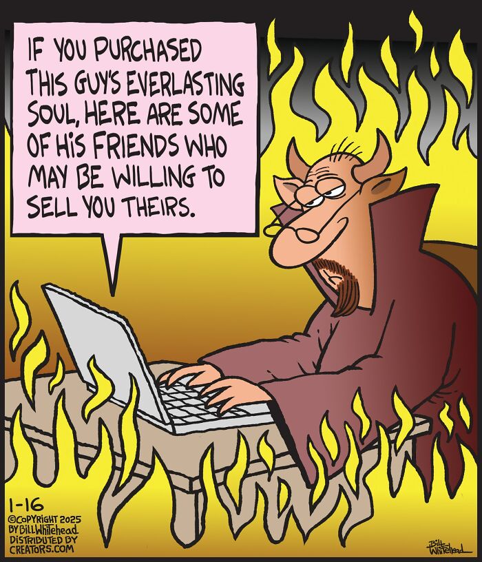 "Demon cartoon character on a laptop surrounded by flames, featuring funny one-panel comic humor."