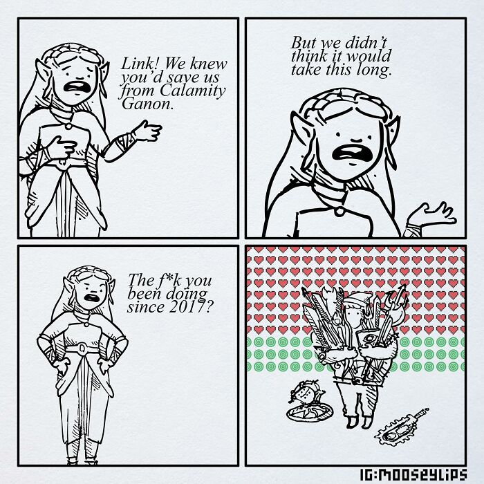 Comic by Mooseylips featuring a character questioning Link about delays, with Link holding various items.