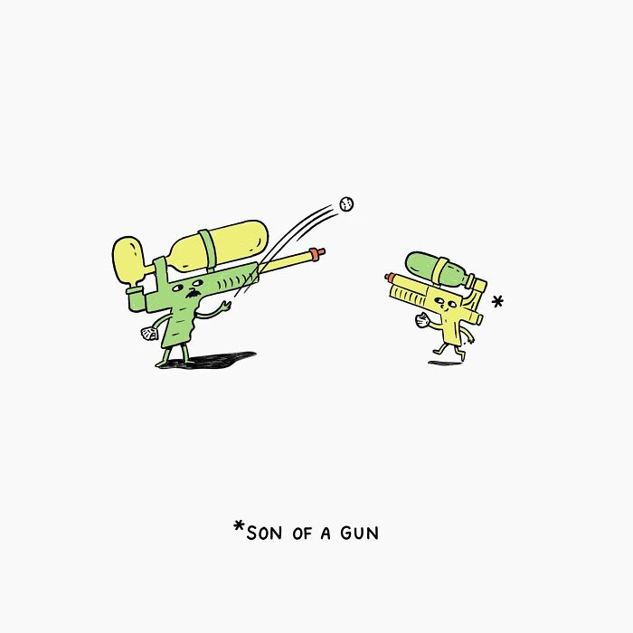 Illustration by John Larigakis shows a cartoon water gun and smaller version labeled "son of a gun" in a playful scene.
