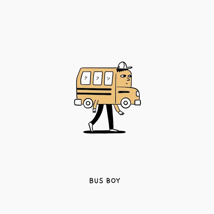 Illustration by John Larigakis of a hybrid bus figure with legs and a cap labeled "Bus Boy."