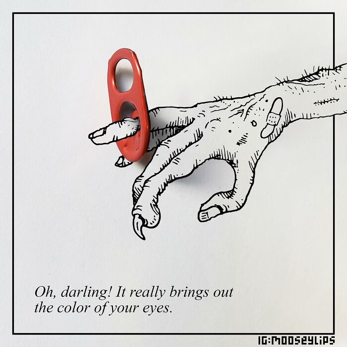 Comic by Mooseylips shows a sketch of a hand with a can tab on its finger, adding humor to everyday life.