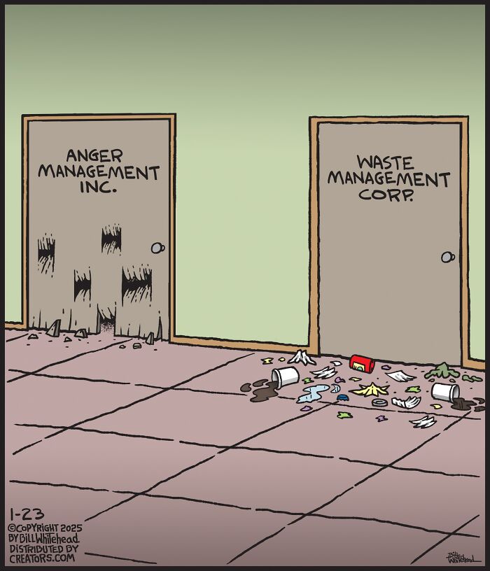 Funny one-panel comic with doors labeled "Anger Management Inc." and "Waste Management Corp." showing respective messes.