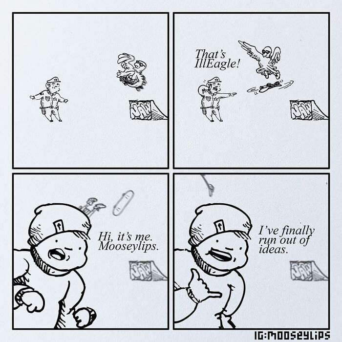 Comic strip by Mooseylips, featuring a pun on "IllEagle" with a cartoon character affected by writer's block.