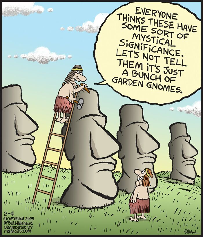 Funny one-panel comic by Bill Whitehead showing two cavemen discussing Easter Island heads as garden gnomes.