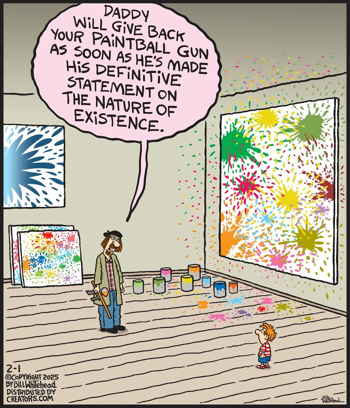 Funny one-panel comic by Bill Whitehead showing a room splattered with paint, as a man talks to a child.
