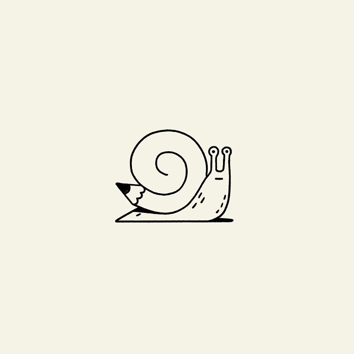 Illustration of a snail by John Larigakis, featuring a whimsical design with minimalistic lines.