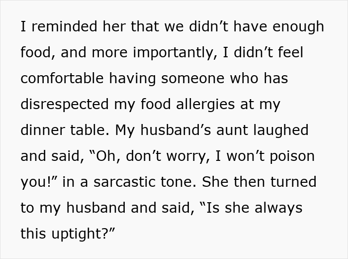 Text exchange about dinner table conflict with uninvited guest, highlighting food allergies and tension. Text exchange about dinner table conflict with uninvited guest, highlighting food allergies and tension.