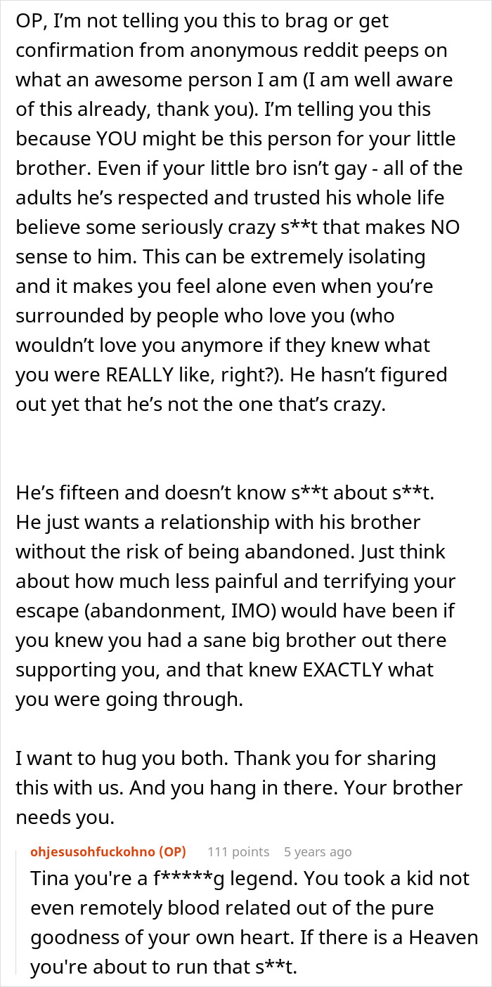 Screenshot of a Reddit comment discussing support for a brother with religious parents. Screenshot of a Reddit comment discussing support for a brother with religious parents.