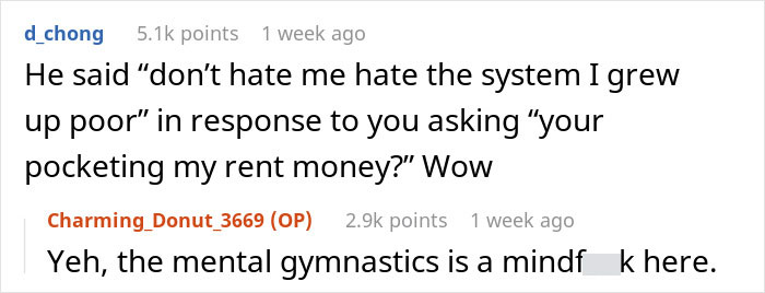 Reddit comment exchange about rent money theft, with "hate the system" justification theme. Reddit comment exchange about rent money theft, with "hate the system" justification theme.