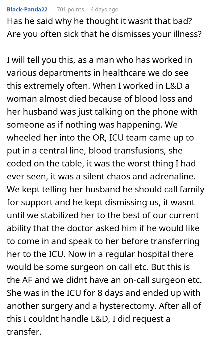 Text conversation about a husband dismissing wife's medical emergency, impacting their marriage. Text conversation about a husband dismissing wife's medical emergency, impacting their marriage.