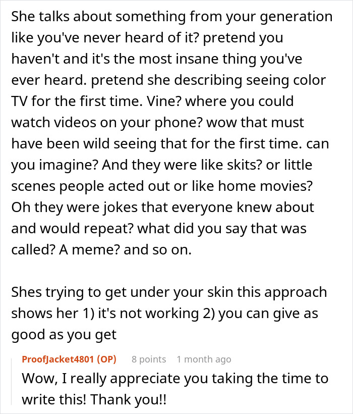 Text exchange discussing generational differences and using humor to deal with a dad's younger girlfriend's behavior. Text exchange discussing generational differences and using humor to deal with a dad's younger girlfriend's behavior.