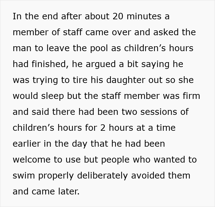 Text from a discussion regarding daughter's presence in a women's changing room at a pool, with staff member interaction. Text from a discussion regarding daughter's presence in a women's changing room at a pool, with staff member interaction.