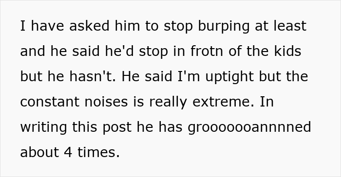 Text about wife's frustration with husband's old man noises at home. Text about wife's frustration with husband's old man noises at home.