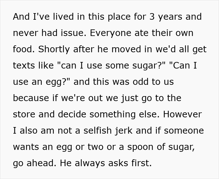 Text discussing a roommate sharing food and the issues that arose. Text discussing a roommate sharing food and the issues that arose.