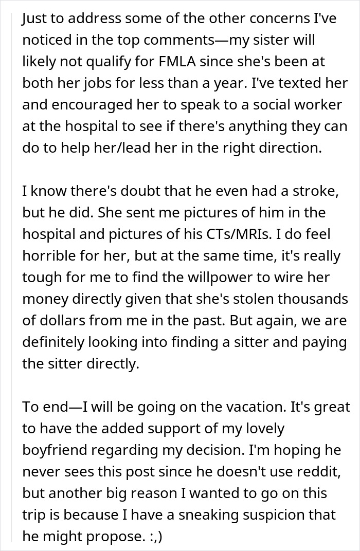 Text message about a woman refusing to rebook an $18K trip despite her sister's plea for help. Text message about a woman refusing to rebook an $18K trip despite her sister's plea for help.