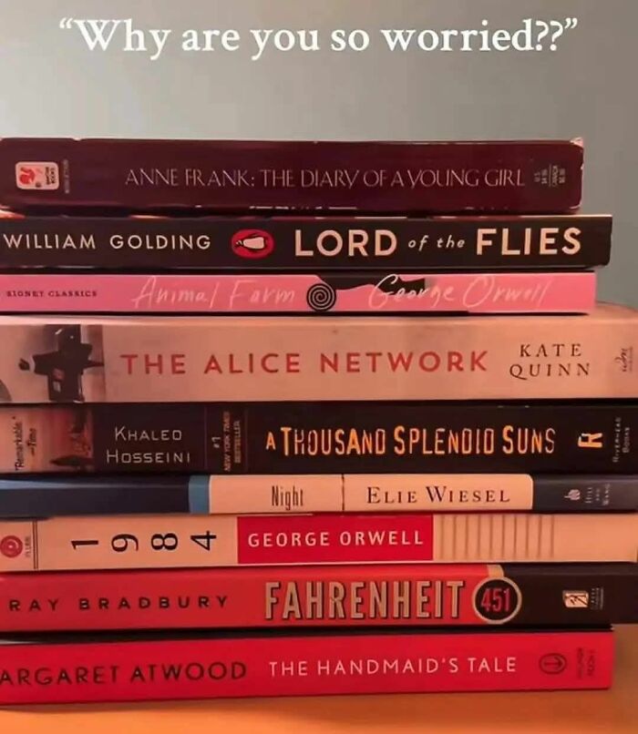 Stack of classic novels including Anne Frank, Lord of the Flies, and Fahrenheit 451 referencing funny memes about low energy moments.