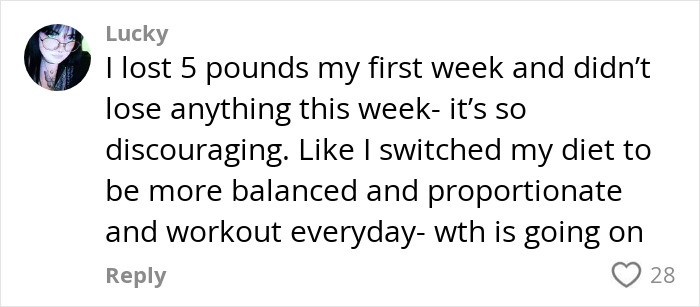 Comment discussing weight loss frustration and lifestyle change efforts. Comment discussing weight loss frustration and lifestyle change efforts.