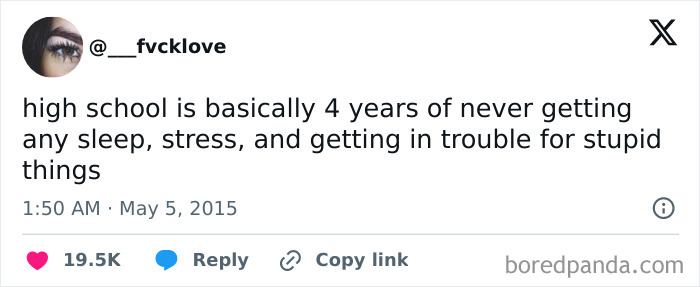 Text post humorously describing high school stress and lack of sleep.