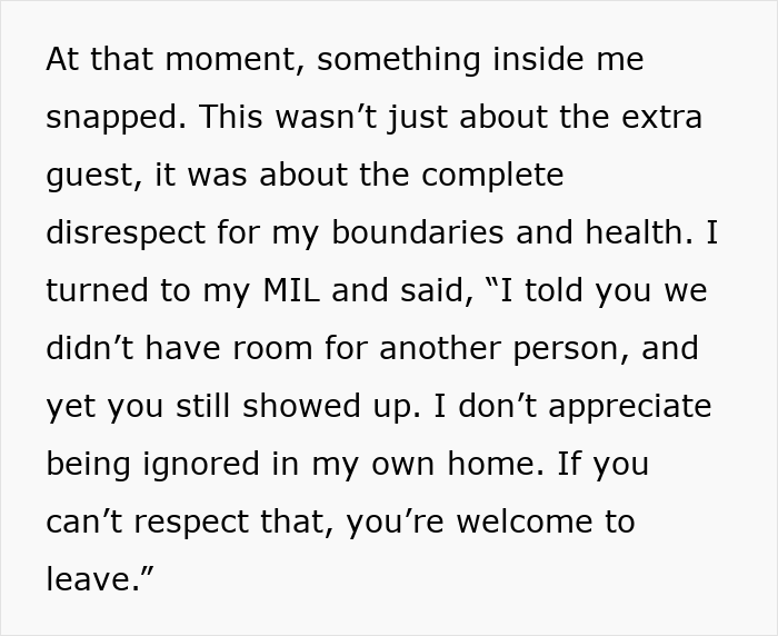 Text message about MIL conflict over uninvited dinner guest and setting boundaries. Text message about MIL conflict over uninvited dinner guest and setting boundaries.