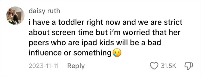 Comment expressing concern about screen time for children, mentioning iPad Kids as a potential bad influence. Comment expressing concern about screen time for children, mentioning iPad Kids as a potential bad influence.