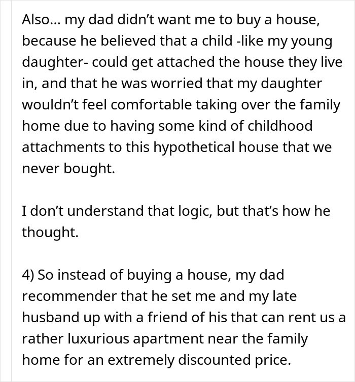 Text on a woman's concerns over inheritance and housing decisions by her father, highlighting family dynamics. Text on a woman's concerns over inheritance and housing decisions by her father, highlighting family dynamics.