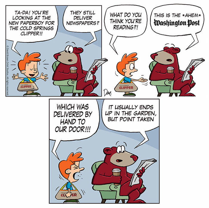 Cartoon of Planey Joey discussing newspaper delivery with a bear, referencing the Washington Post in a humorous exchange. Cartoon of Planey Joey discussing newspaper delivery with a bear, referencing the Washington Post in a humorous exchange.
