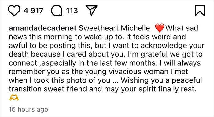 Instagram post lamenting Michelle Trachtenberg's tragic end, expressing heartfelt condolences and remembrance. Instagram post lamenting Michelle Trachtenberg's tragic end, expressing heartfelt condolences and remembrance.