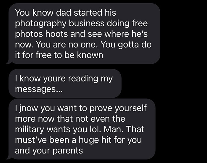 Text conversation discussing doing work for free to gain recognition, related to exposing influencer demands. Text conversation discussing doing work for free to gain recognition, related to exposing influencer demands.