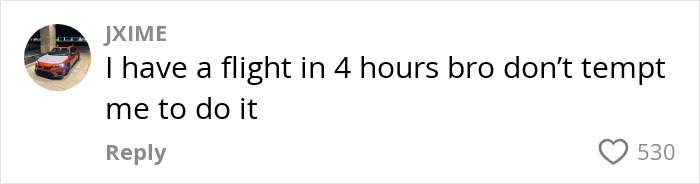 Comment about a flight in four hours referencing "instant karma," with 530 likes. Comment about a flight in four hours referencing "instant karma," with 530 likes.