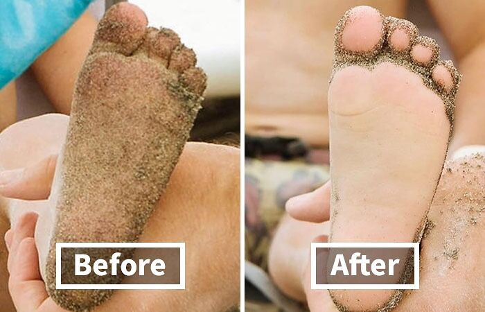 Before and after comparison showing sandy foot cleaned, illustrating the proof in the pictures concept.