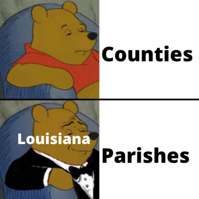 Winnie the Pooh meme humorously contrasts "Counties" with "Louisiana Parishes."
