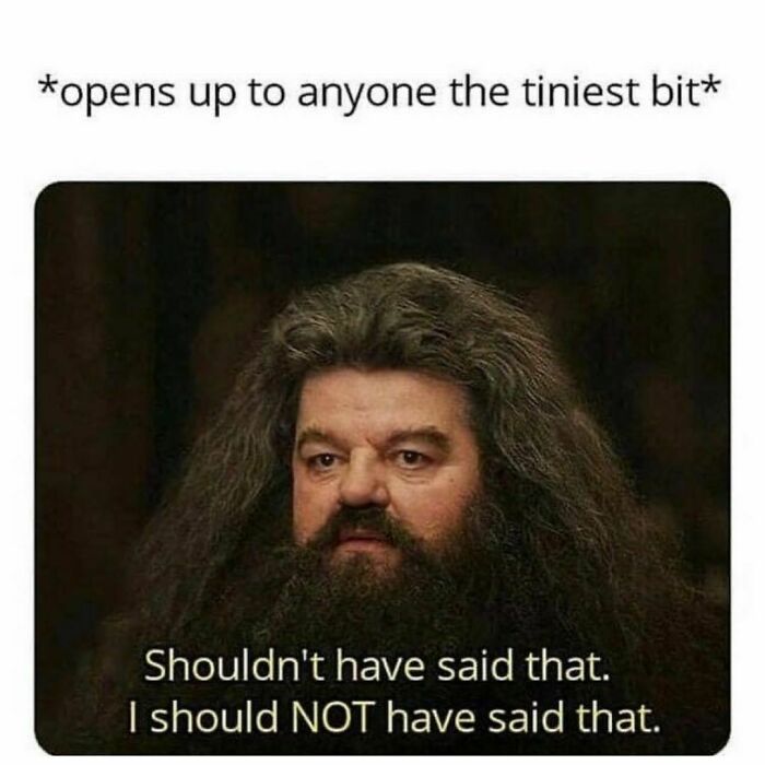 Man with wild hair and beard looking regretful, caption humorously showing coping mechanism through funny posts.