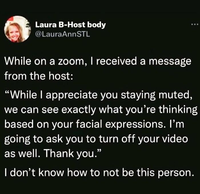 Screenshot of a humorous social media post about facial expressions on Zoom, highlighting coping mechanism humor.