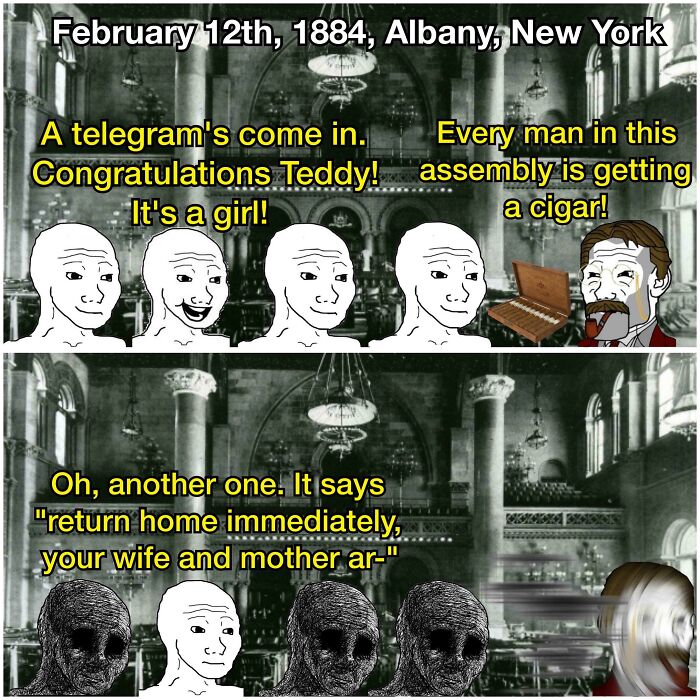 Historical meme depicting 1884 Albany assembly celebrating Teddy Roosevelt's daughter with humor, blending history and comedy.
