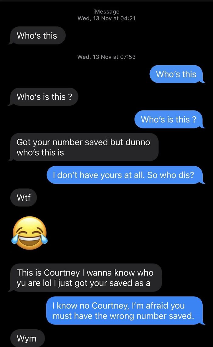 Funny wrong number text exchange with confusion and a laughing emoji.