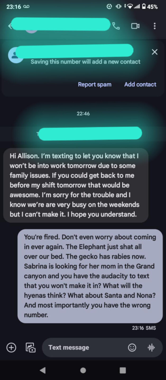 Hilarious wrong number text messages with absurd and comical replies.