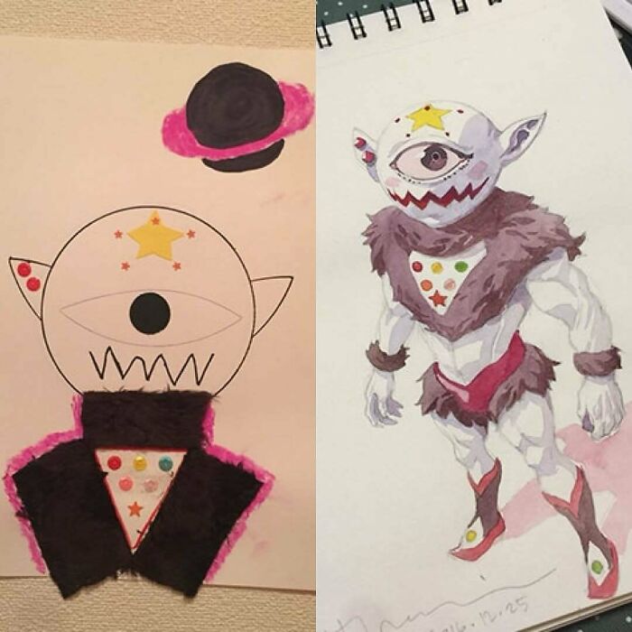 Child's drawing and evolved creature design, showcasing interesting and fascinating artistic transformations.