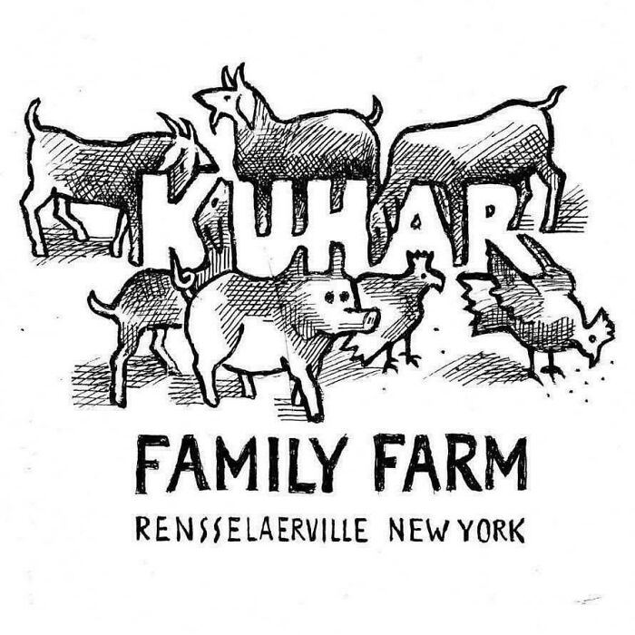 Black and white sketch of farm animals integrated with bold letters in a creative design showcasing smart and cool design ideas.