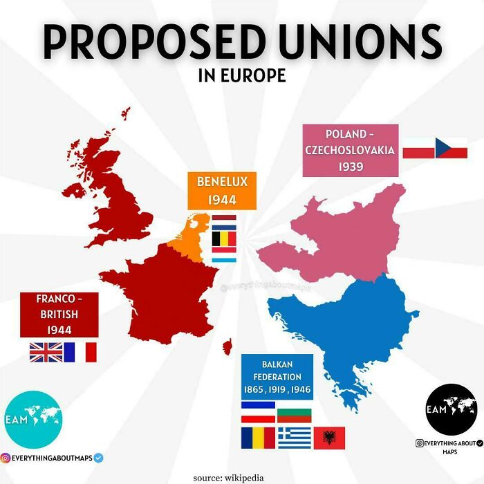 Map showing proposed unions in Europe with dates and flags, highlighting curiosity and interesting map data from history.