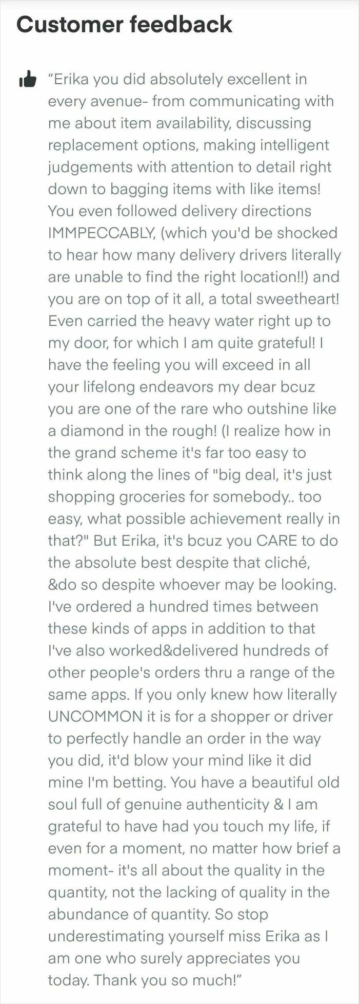 Customer feedback praising Instacart shopper for excellent service, attention to detail, and customer care.
