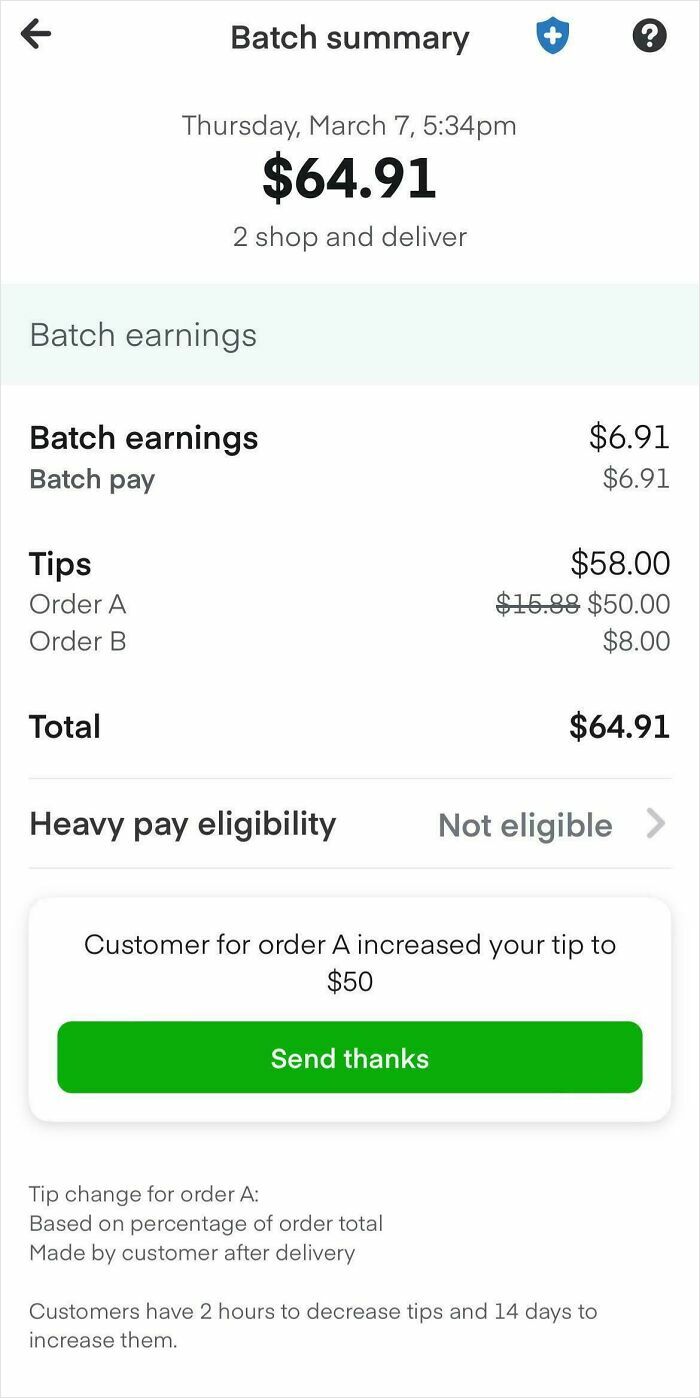 Instacart shopper batch summary showing earnings, tips, and order details.