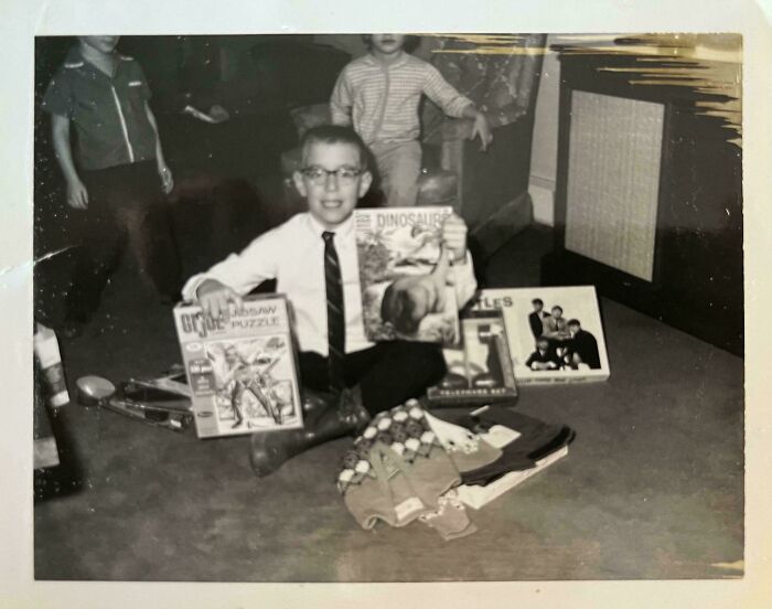 Boy in glasses holding vintage dinosaur books, surrounded by classic puzzles and games, showcasing old history class memories.